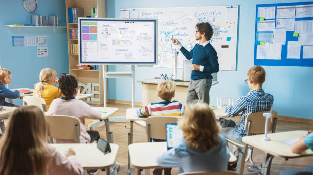 A teacher using a touchscreen board to teach children