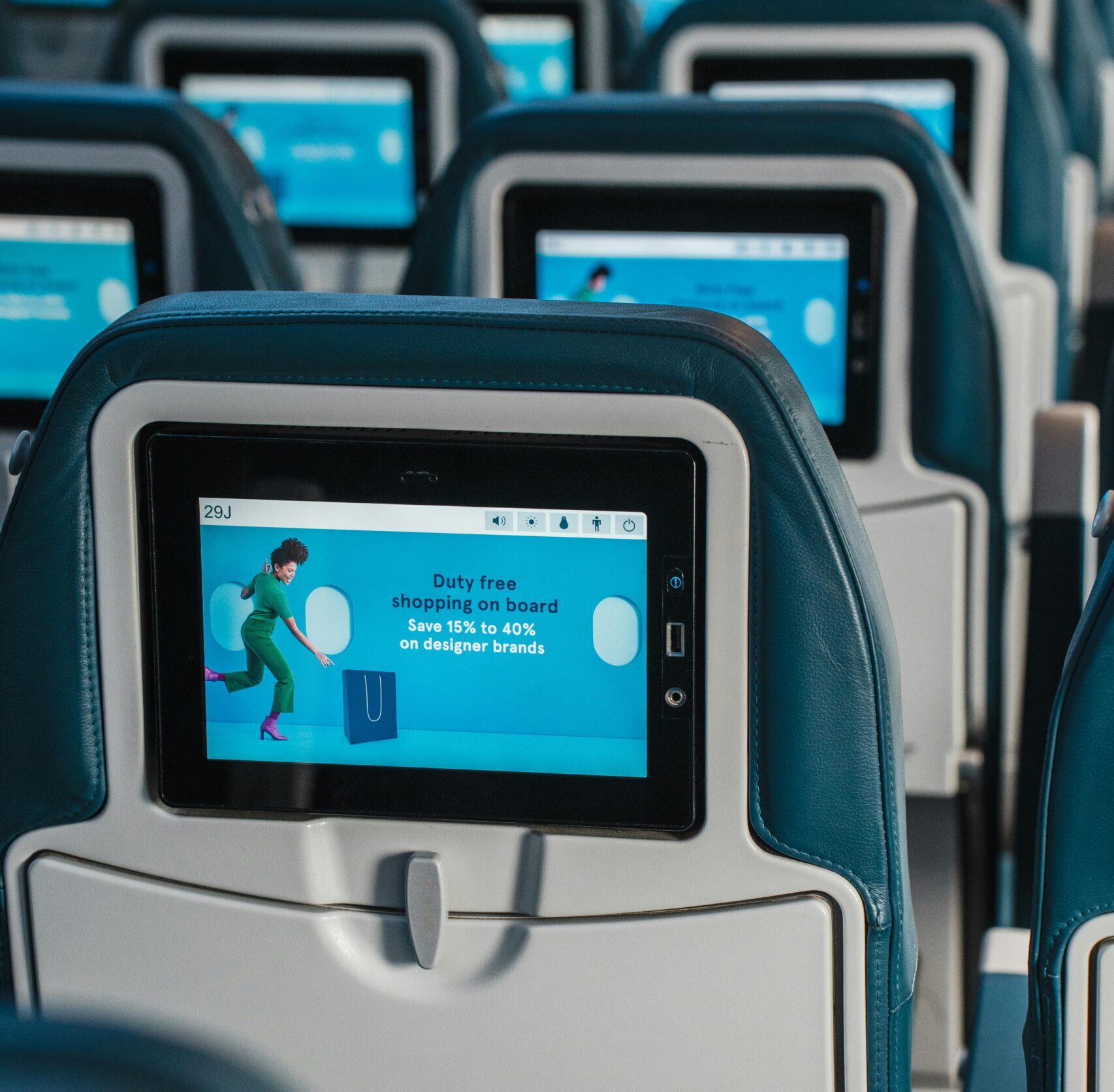 Touchscreen on the back of an aeroplane seat